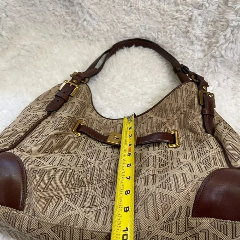 Ralph Lauren Logo Canvas khaki & brown Leather trims Hobo Bag brass hardwares.